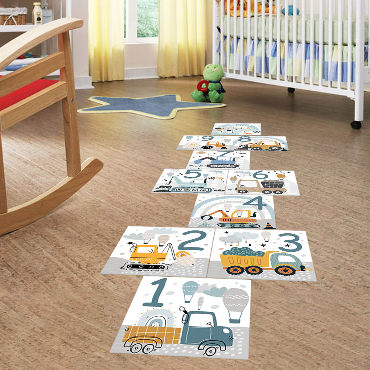 Floor Stickers of Hopscotch with Construction Vehicle Patterns and Numbers