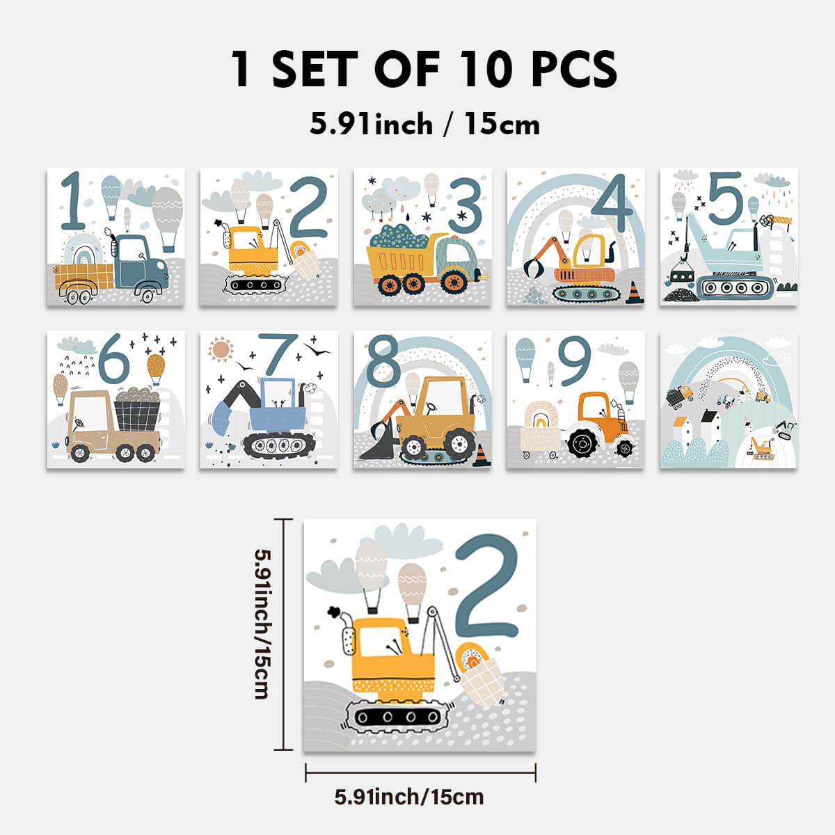 Floor Stickers of Hopscotch with Construction Vehicle Patterns and Numbers